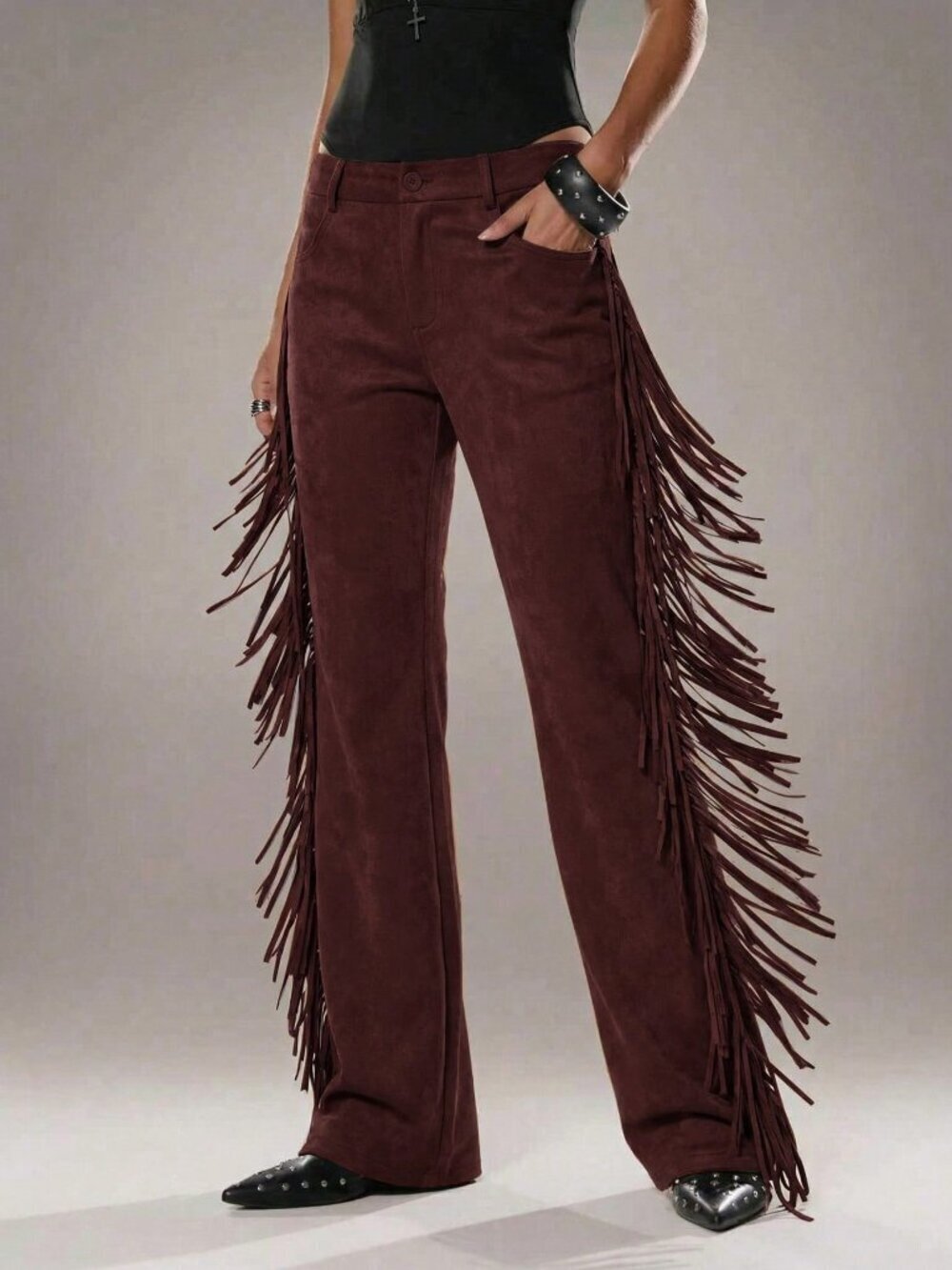Burgundy Western Cowboy Casual Women's Flared Fringed Suede Pants